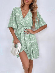 Pleated Printed Ruffled Tied Waist Half Sleeves Loose V-neck Mini Dresses