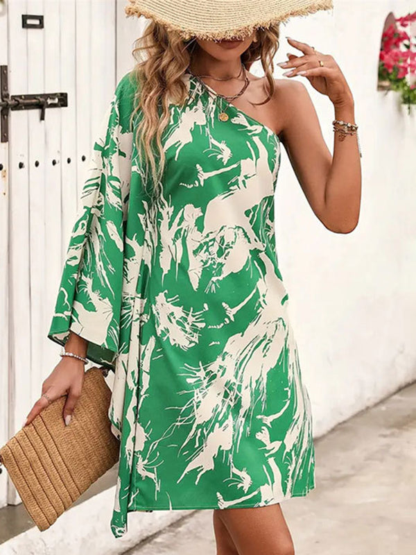 Asymmetric Printed Batwing Sleeves High Waisted One-Shoulder Mini Dresses