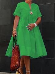 Solid Color Loose Short Sleeves Deep V-Neck Shirt Dress Midi Dresses