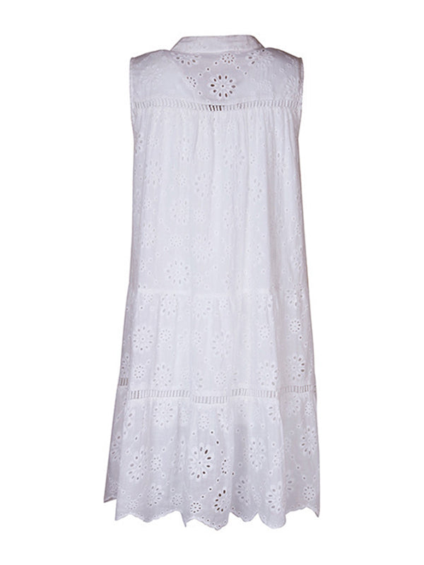 Hollow Lace-Up Solid Color Loose Sleeveless Round-neck Mini Dresses