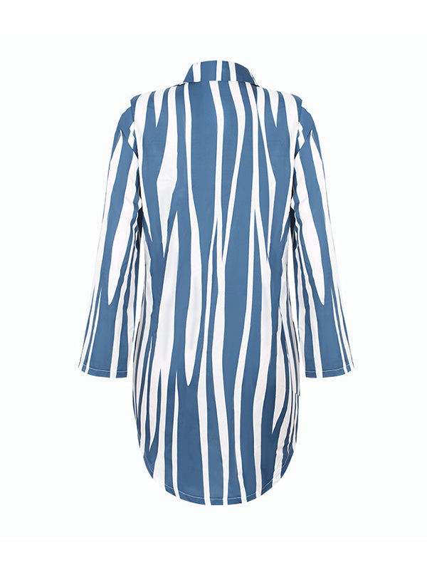 Buttoned Striped Long Sleeves Loose Lapel Shirt Dress Mini Dresses