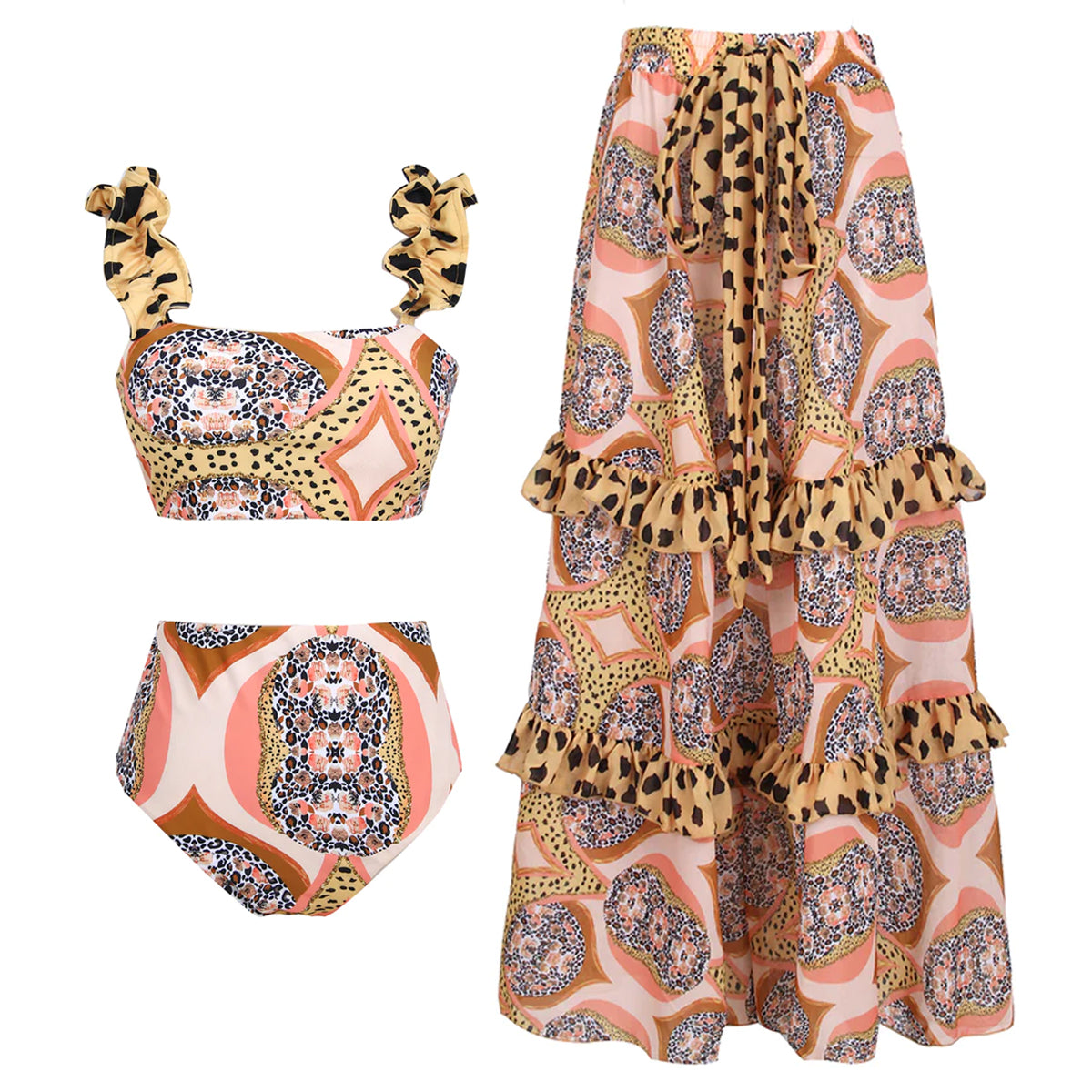 Ruffle Starp Leopard Print High Waist Bikini Swimsuit and Skirt Flaxmaker