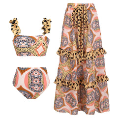 Ruffle Starp Leopard Print High Waist Bikini Swimsuit and Skirt Flaxmaker