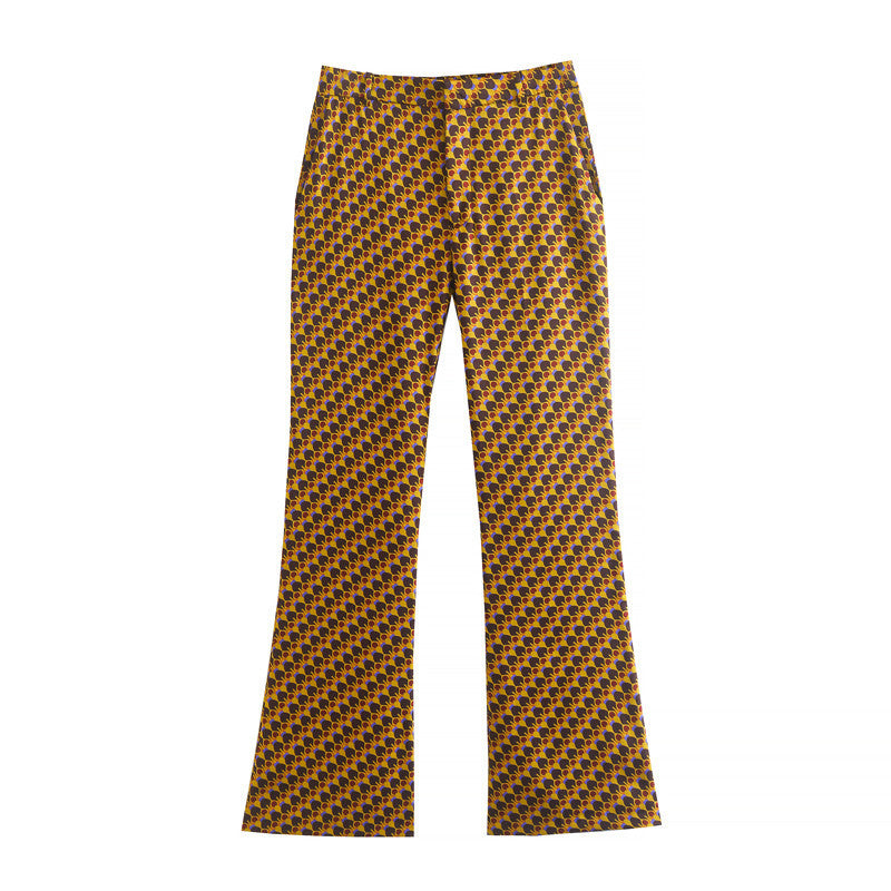 Flaxmaker Retro Geometric Print Tie Neck Shirt Two Piece Pants Set