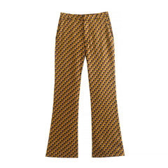 Flaxmaker Retro Geometric Print Tie Neck Shirt Two Piece Pants Set