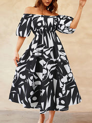 Contrast Color Elasticity Pleated Pockets Printed A-line Espadrilles Off-the-shoulder Midi Dresses