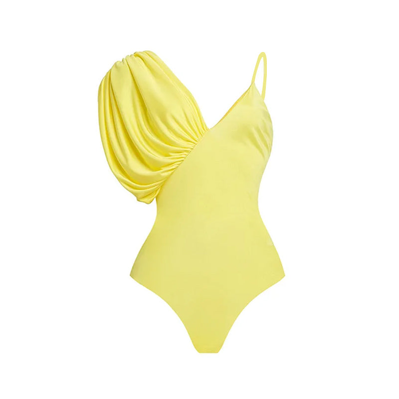 Asymmetrical Sling Solid Color One Piece Swimsuit and Skirt Flaxmaker
