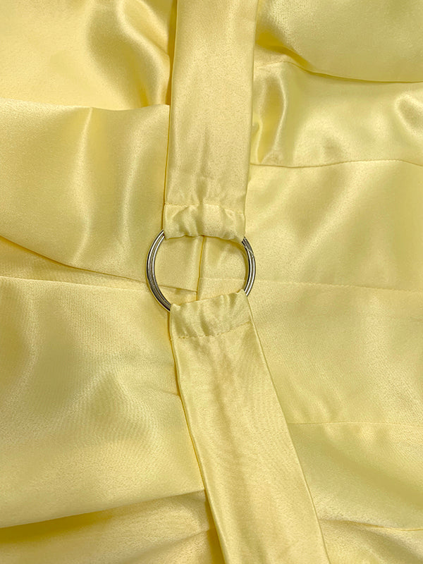 Belted Pleated Pockets Solid Color A-line Loose V-neck Midi Dresses