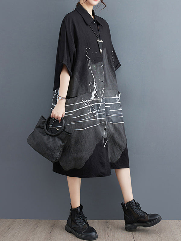 Printed Half Sleeves Loose Lapel Midi Dresses