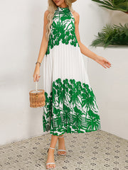 Hollow Pleated Printed Tied A-Line Loose Mock Neck Midi Dresses