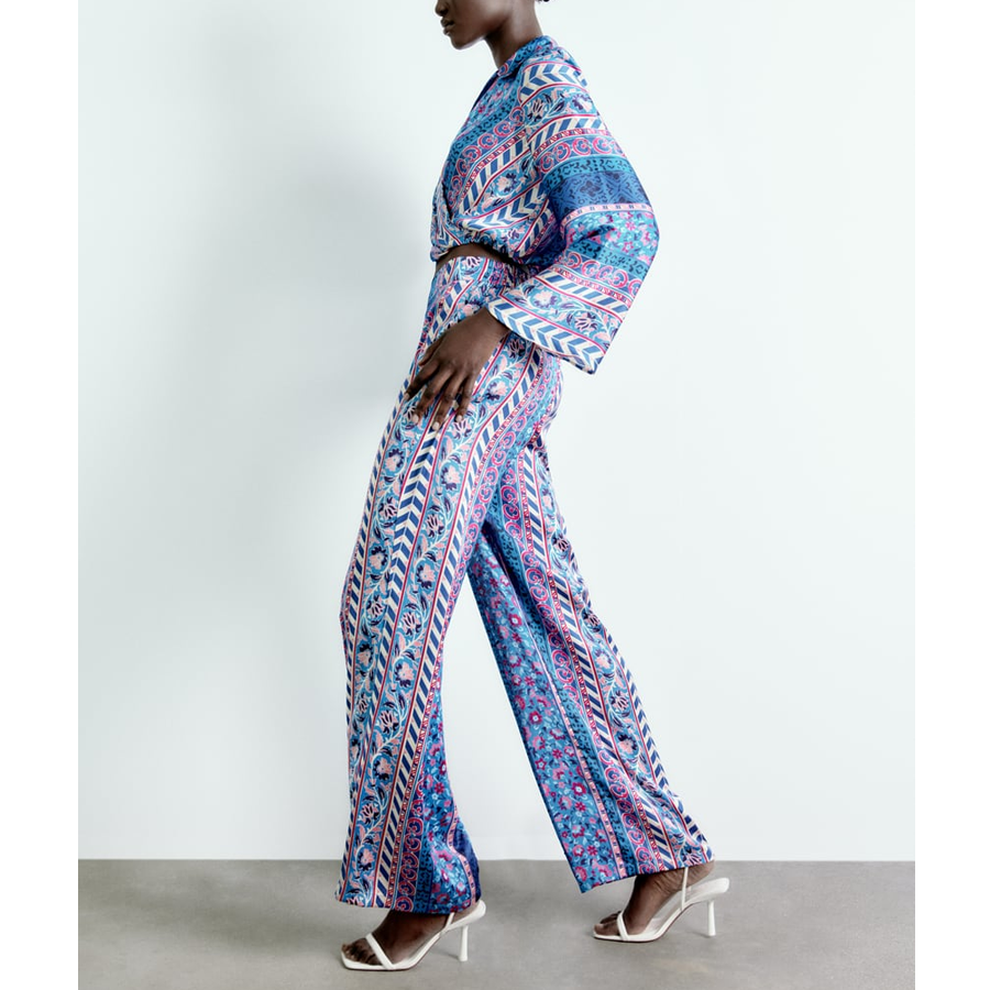 Flaxmaker Fashion Casual V Neck Printed Two Piece Set