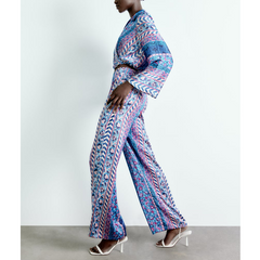 Flaxmaker Fashion Casual V Neck Printed Two Piece Set