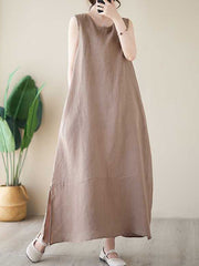 Solid Color A-Line Loose Round-Neck Midi Dresses