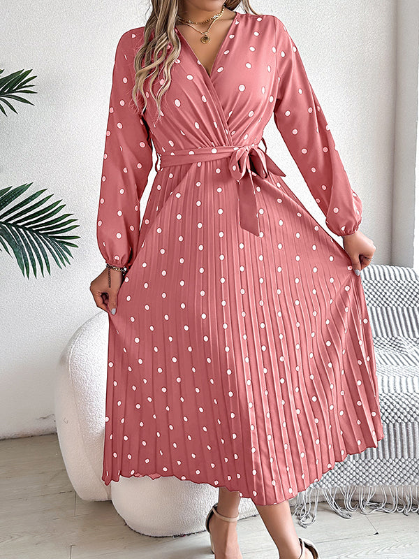 Elasticity Pleated Polka-Dot Split-Joint Tied Waist A-Line High Waisted V-Neck Shirt Dress Midi Dresses