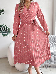 Elasticity Pleated Polka-Dot Split-Joint Tied Waist A-Line High Waisted V-Neck Shirt Dress Midi Dresses