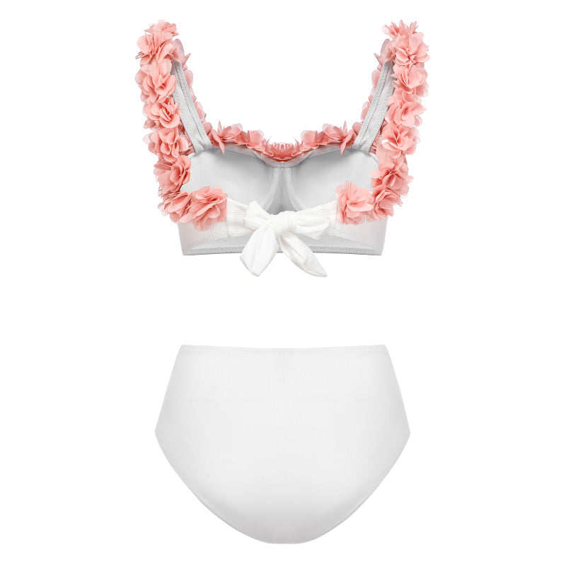 Underwired 3D Flower Applique White Bikini Swimsuit Flaxmaker