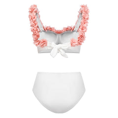 Underwired 3D Flower Applique White Bikini Swimsuit Flaxmaker