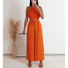 Fashion Temperament Orange Halter Solid Color Two Piece Set