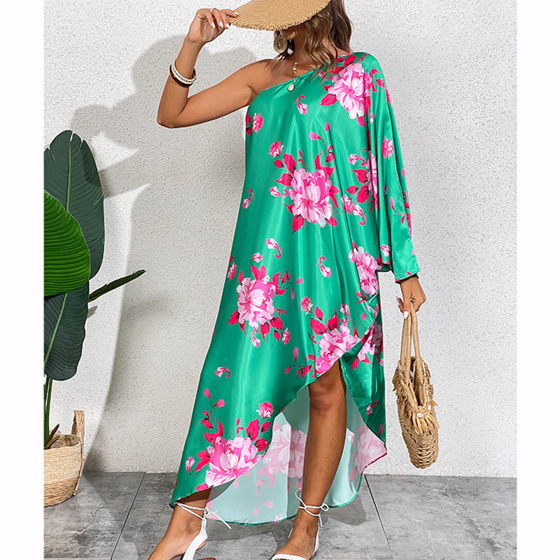 Oblique Shoulder Beach Vacation Cover Up Dress Flaxmaker