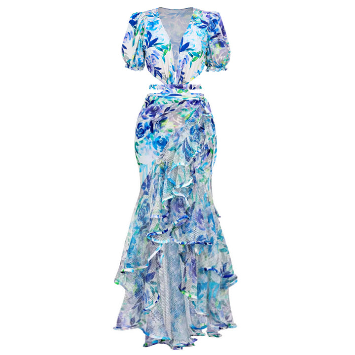 Cutout Puff Sleeve Printed One Piece Swimsuit and Sarong Flaxmaker