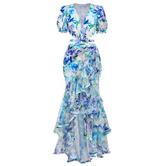 Cutout Puff Sleeve Printed One Piece Swimsuit and Sarong Flaxmaker