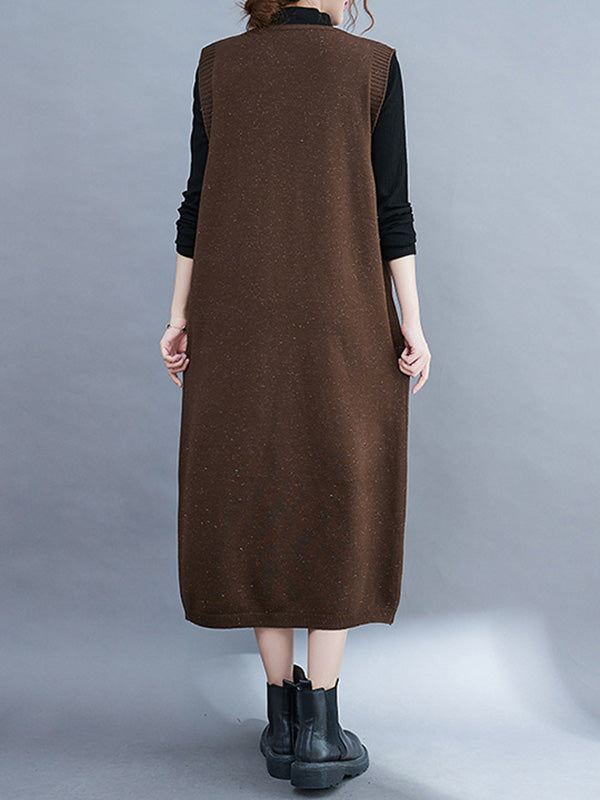 Vintage Solid Color Knitting V-Neck Sleeveless Sweater Dress