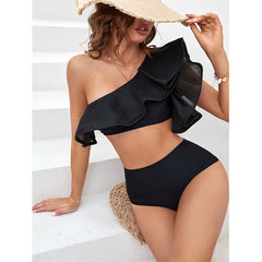 One Shoulder Ruffled Black Bikini Swimsuit Flaxmaker