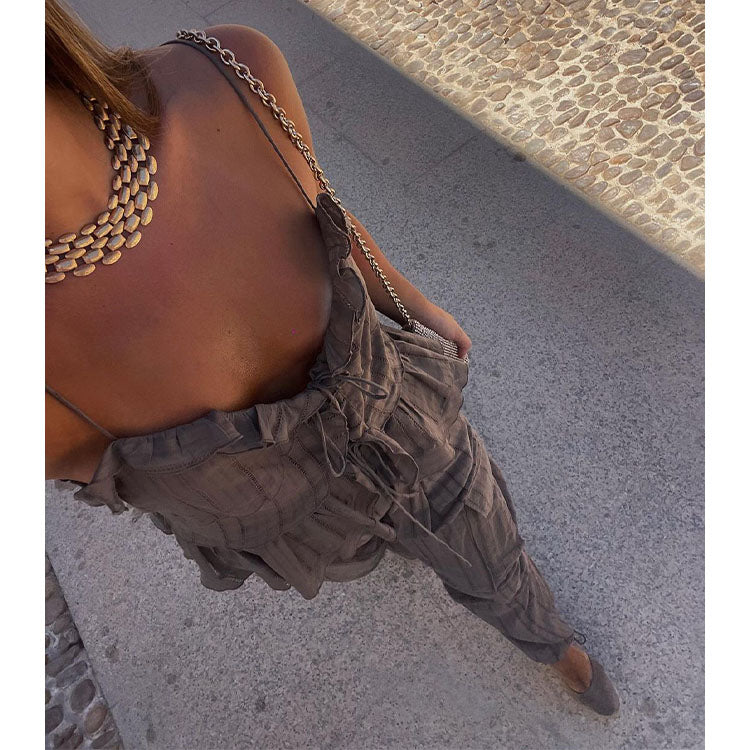 Lace Solid Color Sling Cami and Pants Set