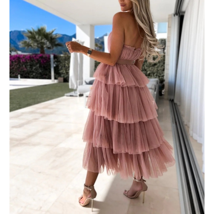 Mesh Temperament Wrapped Breast Sexy Cake Layer Midi Dress
