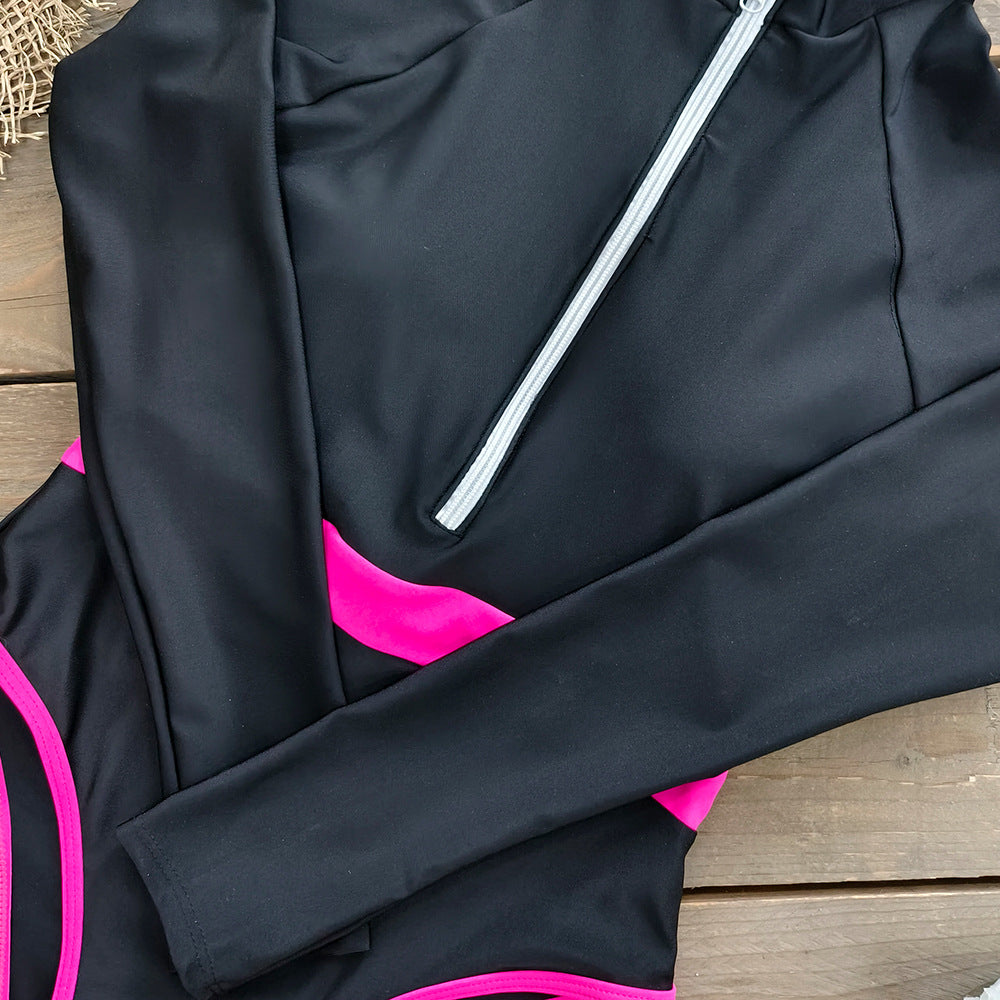 Long-sleeved Color Block One Piece Swimsuit