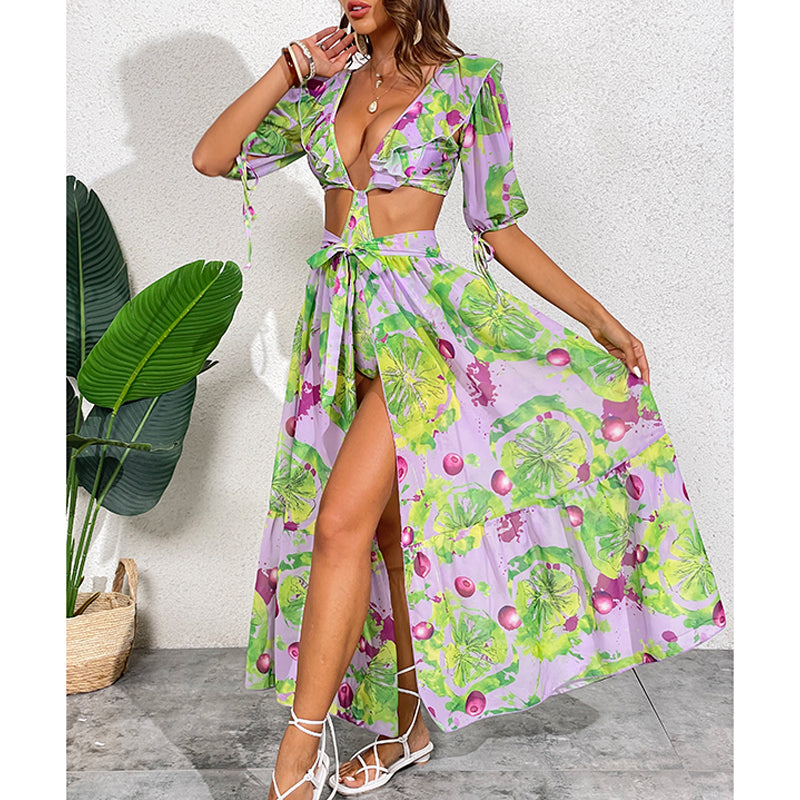 Removable Sleeves Printed One Piece Swimsuit and Skirt Flaxmaker