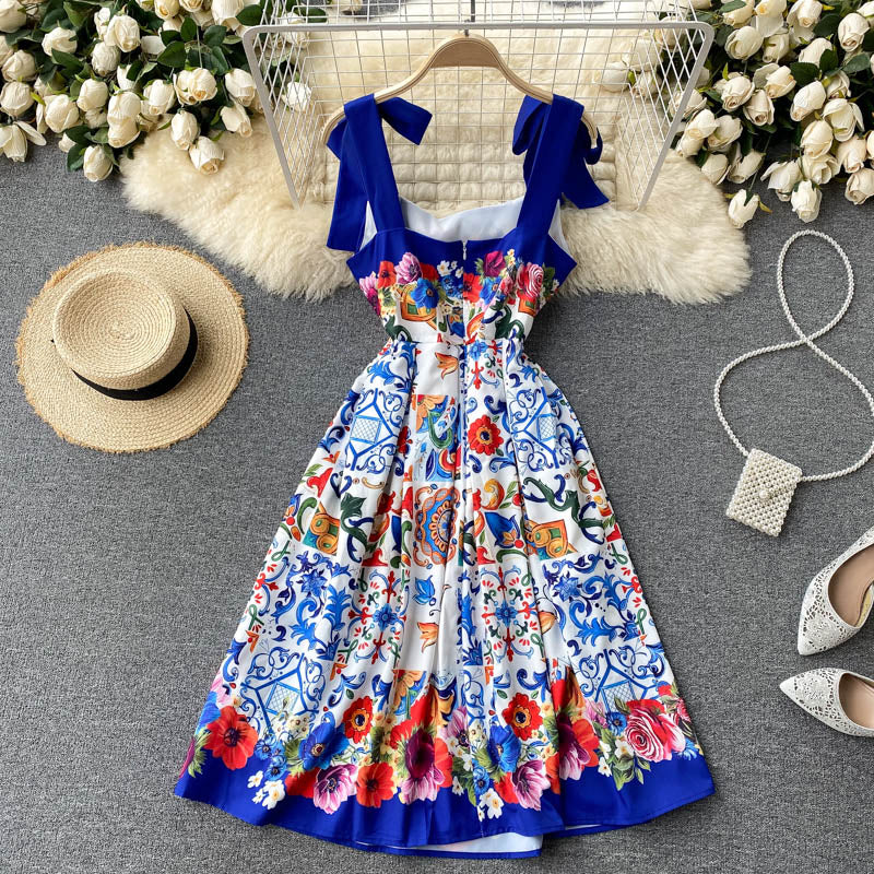 Bowknot Retro Printed Dress and Cardigan