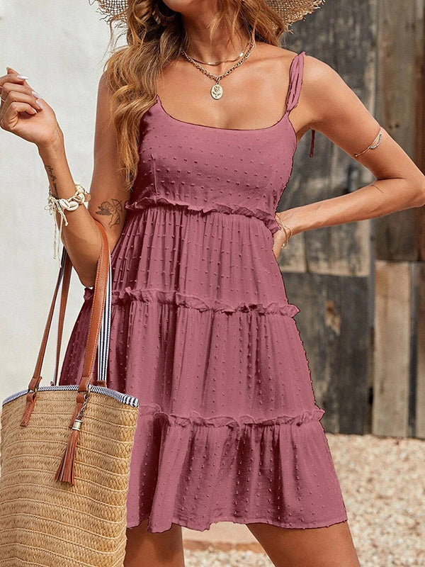 Jacquard Layered Pleated Solid Color Split-Joint A-Line Loose Spaghetti-Neck Mini Dresses