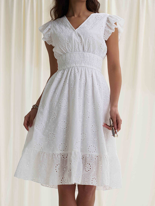 Elasticity Hollow Pleated Solid Color A-Line Loose V-Neck Mini Dresses