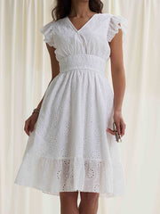 Elasticity Hollow Pleated Solid Color A-Line Loose V-Neck Mini Dresses