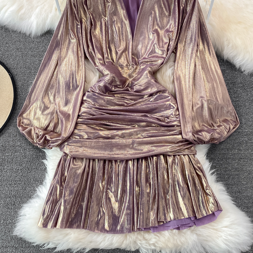 Flaxmaker Long Sleeve Waist V Neck Shiny Dress