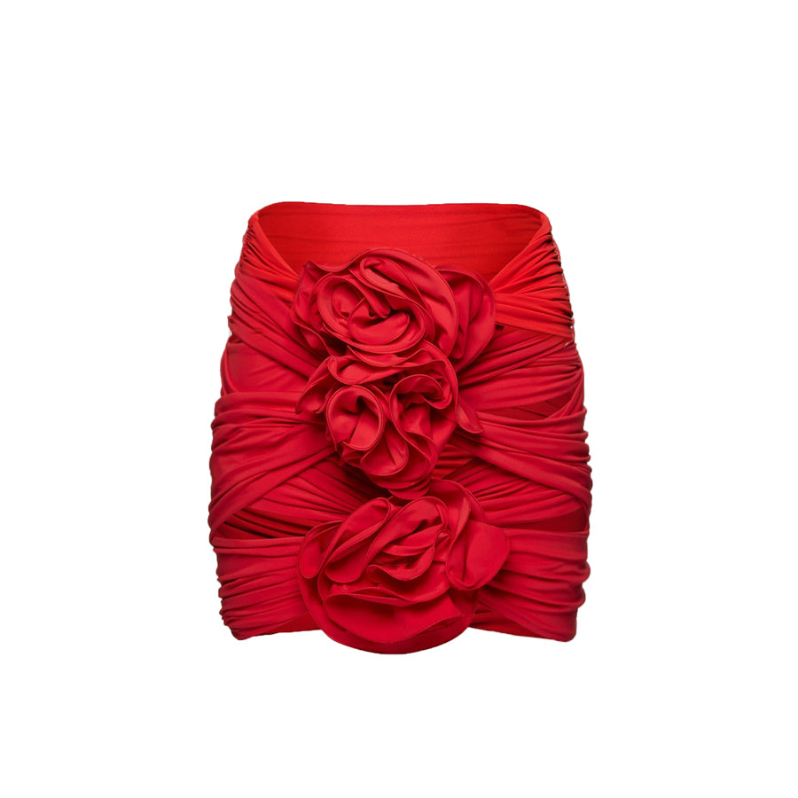 Flaxmaker Red Off Shoulder 3D Flower Long Sleeve One Piece Swimsuit and Skirt