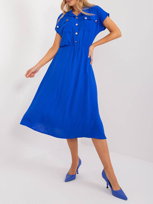 Buttoned Pleated Solid Color A-Line High Waisted Lapel Midi Dresses