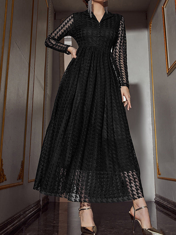 Buttoned Gauze See-Through Solid Color High Waisted Long Sleeves V-Neck Maxi Dresses