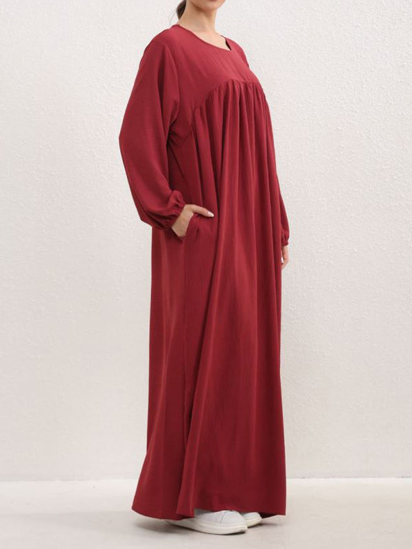 Pleated Solid Color Split-Joint Long Sleeves Loose Round-Neck Maxi Dresses