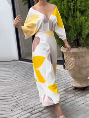 High-Waisted Printed Loose Raglan Sleeve Deep V-Neck Maxi Dresses