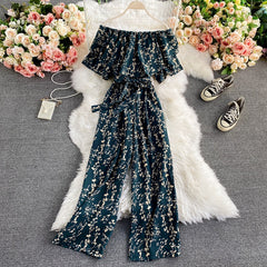Flaxmaker Floral Waist Slimming Peplum Off Shoulder Jumpsuit