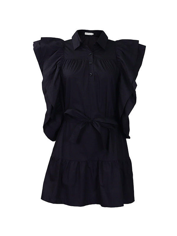 Buttoned Pleated Ruffled Solid Color Tied Waist A-Line High Waisted Lapel Mini Dresses