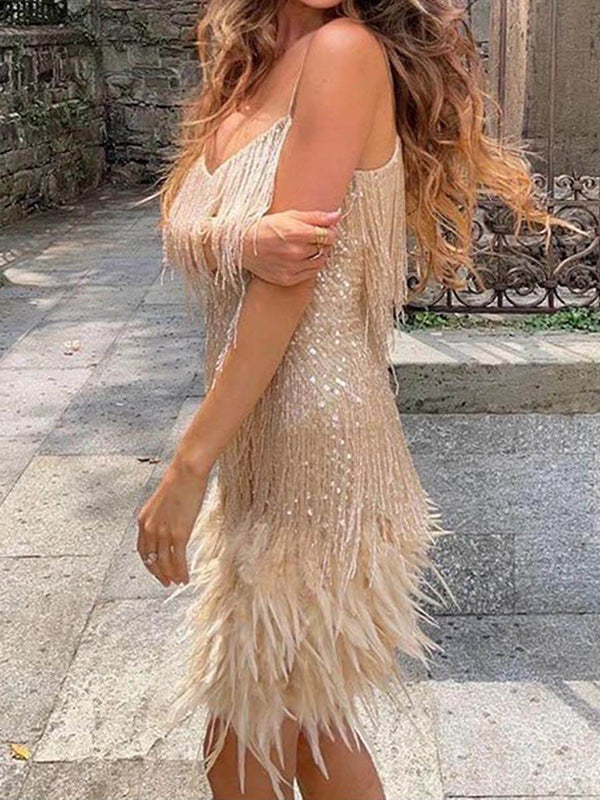 Crystal Chain Fringe Mesh Mini Dress In Silver