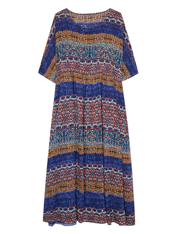 Batwing Sleeves Raglan Sleeve Printed Striped Round-Neck Midi Dresses
