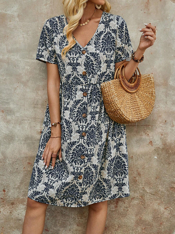Buttoned Pleated Printed Split-Joint A-Line High Waisted V-Neck Mini Dresses