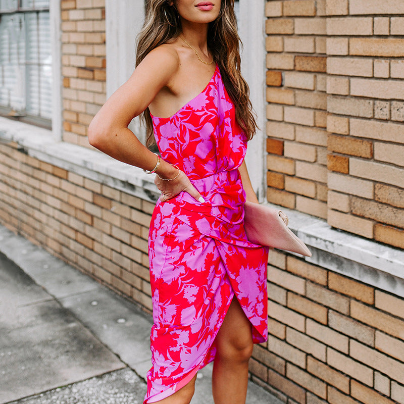 One Shoulder Printed Midi Dress