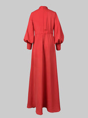 Long Sleeves Loose Buttoned Hollow Solid Color Split-Joint Round-Neck Maxi Dresses