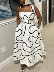 Pockets Printed Split-Joint A-Line High Waisted Spaghetti-Neck Maxi Dresses