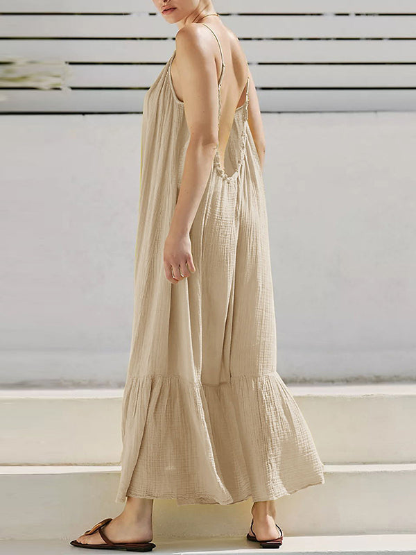 A-Line Loose Pleated Solid Color Split-Joint Round-Neck Midi Dresses Slip Dress